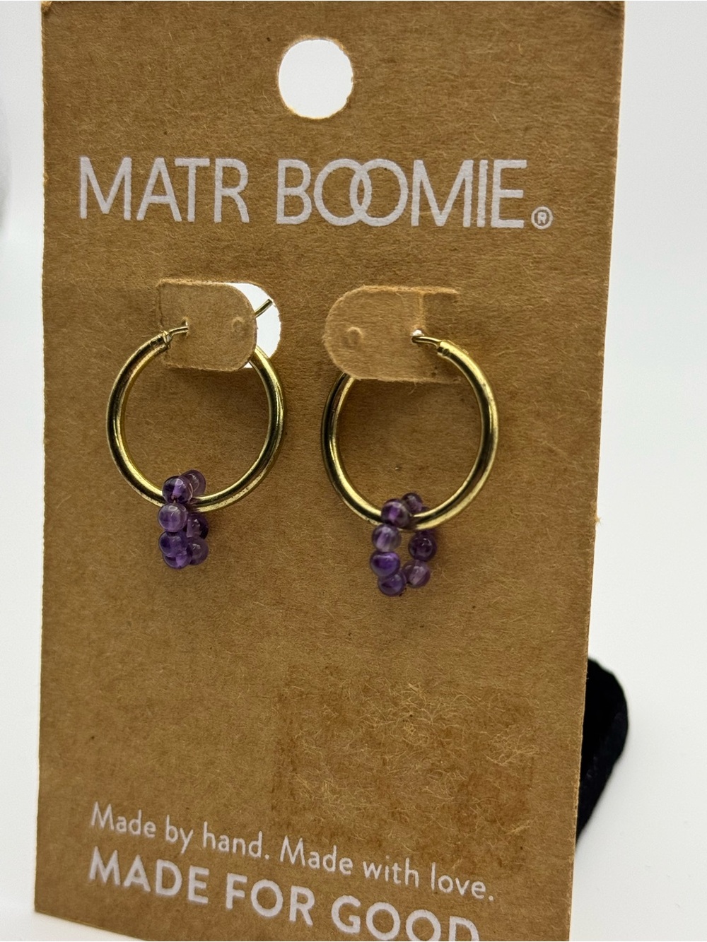 Mat r Boomie Gold Hoop Earrings with Purple Bead Drops